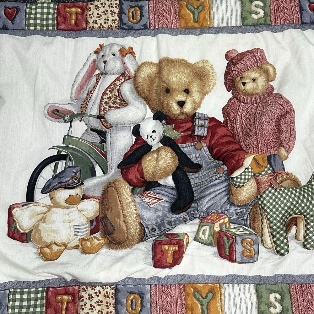 Hand Quilted Blue Jean Teddy Bear Toys Blocks Quilt Baby Blanket Wall Hanging - Picture 2 of 7